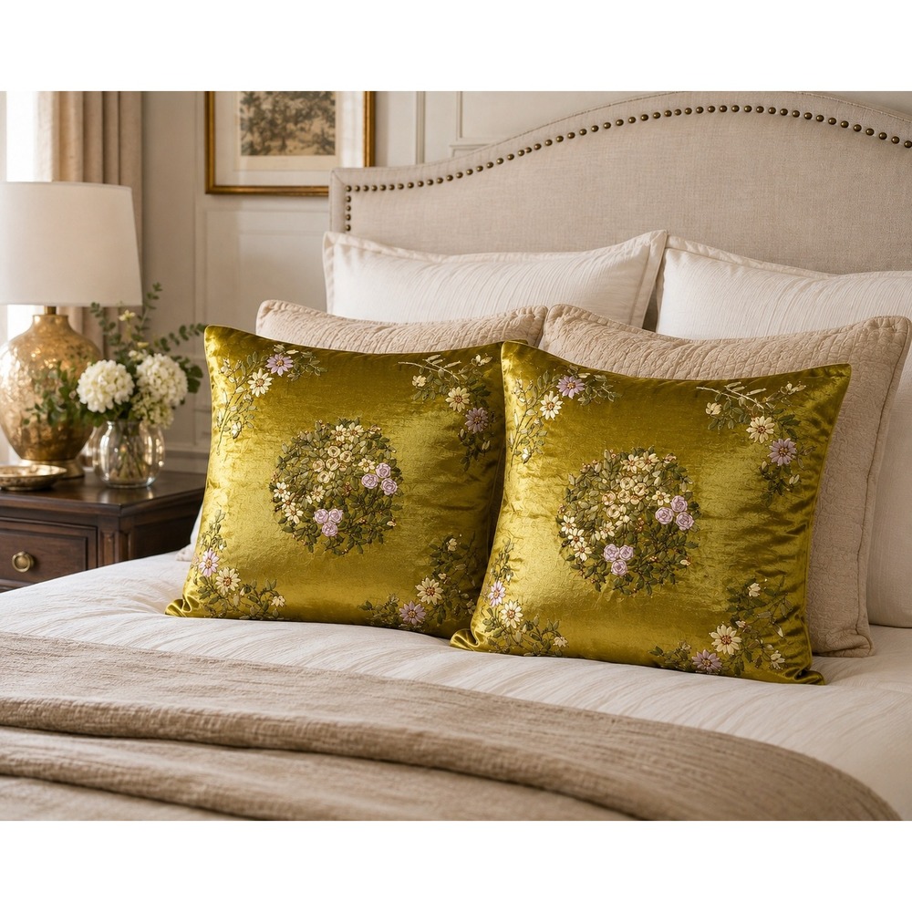 Huayu Set of 2 Gold Ribbon Embroidery Floral Pillow Covers 17.5x17.5 LH04-555